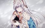  anastasia_(fate/grand_order) artist_request blue_cloak blue_eyes brown_hairband cape cloak commentary_request crown doll fate/grand_order fate_(series) grey_background hair_ornament hair_over_one_eye hairband holding holding_doll leaf_hair_ornament long_hair looking_at_viewer mini_crown royal_robe silver_hair very_long_hair 