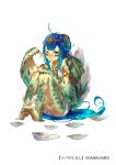  armlet barefoot blue_hair blush claws dmm full_body green_eyes hand_on_knees knees_up long_hair looking_at_viewer mataichi_mataro monster_girl official_art scales shedding shell simple_background sitting very_long_hair white_background yuba_no_shirushi 