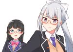  black_hair blazer blue_eyes braid cardigan french_braid glasses hair_ornament hairclip higuchi_kaede jacket looking_at_another looking_away mole mole_under_eye multiple_girls nijisanji open_mouth ponytail purple_eyes school_uniform silver_hair tsukino_mito virtual_youtuber white_background yagara_(kishimen_f) 