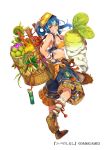  backpack bag basket blue_hair blue_skirt dmm food full_body hat long_hair loose_socks mataichi_mataro midriff official_art red_eyes simple_background skirt standing standing_on_one_leg tassel vegetable white_background white_hair white_legwear yellow_hat yuba_no_shirushi 