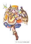  :d bird brown_footwear company_name dmm full_body fur_trim hand_up hands_up hat hat_ornament looking_at_viewer mataichi_mataro medium_hair official_art open_mouth orange_hat purple_eyes simple_background skirt smile solo standing standing_on_one_leg tassel white_background white_skirt wings wristband yuba_no_shirushi 