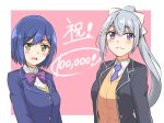  blazer blue_hair bow bowtie cardigan congratulations highres higuchi_kaede jacket looking_at_viewer mole mole_under_eye multiple_girls necktie nijisanji pink_background ponytail purple_eyes school_uniform shizuka_rin short_hair silver_hair smile virtual_youtuber yagara_(kishimen_f) yellow_eyes 