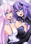  2girls black_leotard blue_eyes blush bodysuit braid breast_press breasts bright_pupils choujigen_game_neptune cleavage covered_navel cowboy_shot d-pad elbow_gloves eyebrows_visible_through_hair female flower gloves hair_between_eyes hair_flaps hair_flower hair_ornament halterneck hips hug leotard light_smile long_hair looking_at_viewer multiple_girls nepgear neptune_(choujigen_game_neptune) neptune_(series) nyamota_(noraneko_koubou) open_mouth power_symbol purple_hair purple_heart purple_sister siblings sidelocks sisters smile straight_hair symbol-shaped_pupils thigh_gap thighhighs tied_hair twin_braids very_long_hair white_gloves white_leotard 