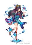  bell black_hair blue_skirt bracelet closed_eyes company_name dmm full_body hand_up hat jewelry jingle_bell leech long_hair mataichi_mataro official_art pearl_bracelet sandals simple_background skirt solo standing tattoo water white_background wide_sleeves yuba_no_shirushi 