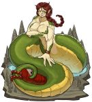  1girl abs braid breasts brown_hair chris-ceehaz claws cleavage female lamia large_breasts looking_at_viewer monster_girl muscle muscular_female pointy_ears scales skull solo tail tongue tongue_out yellow_eyes 