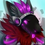  2017 abstract_background ambiguous_gender android anthro bazz_(albelwolf) biped black_fur blep bust_portrait fluffy fur glowing glowing_eyes grey_ears grey_fur hair headphones inner_ear_fluff machine multicolored_fur neck_tuft pink_eyes pink_tongue portrait protogen purple_hair radiant_scar red_fur robot short_hair tongue tongue_out tuft 