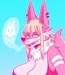  blonde_hair blue_eyes bra breasts canine cleavage clothed clothing ear_piercing facial_piercing female fur hair juicyghost mammal mature_female nirvana_(juicyghost) nose_piercing nose_ring pastel piercing pink_fur simple_background soft solo tired underwear wolf 