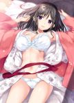  :d bangs black_hair breasts collarbone commentary_request japanese_clothes kimono large_breasts lingerie long_sleeves looking_at_viewer lying medium_hair navel on_back on_bed open_clothes open_mouth open_shirt original oryou panties purple_eyes smile solo thighs underwear 