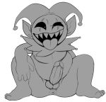  anus balls erection humanoid humanoid_penis imp jerseydevil jevil_(deltarune) line_art looking_at_viewer male not_furry overweight overweight_male penis simple_background solo spreading white_background 