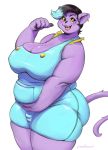  2018 anthro belly big_belly big_breasts black_hair blue_hair breasts bulge butt cat catty_(undertale) cleavage clothed clothing dickgirl ear_piercing fangs feline freckles fur hair holding_belly huge_breasts intersex mammal msvondran open_mouth overalls overweight overweight_dickgirl pawpads piercing purple_fur smile solo standing teeth thick_thighs tight_clothing tongue undertale video_games yellow_sclera 