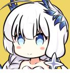  ahoge azur_lane bangs bare_shoulders blue_eyes blush braid closed_mouth collarbone commentary_request eyebrows_behind_hair hair_between_eyes hair_ornament headgear illustrious_(azur_lane) long_hair nagato-chan portrait silver_hair simple_background smile solo yellow_background 