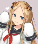  abigail_williams_(fate/grand_order) alternate_costume bangs bao_(s_888) black_bow black_sailor_collar blonde_hair blue_eyes blush bow closed_mouth commentary_request eyebrows_visible_through_hair fate/grand_order fate_(series) forehead grey_background hair_bow hands_up heart highres long_hair long_sleeves neckerchief orange_bow parted_bangs polka_dot polka_dot_bow red_neckwear sailor_collar school_uniform serafuku simple_background sleeves_past_fingers sleeves_past_wrists smile solo upper_body 