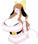  2018 anthro armwear big_breasts breasts brown_hair canine cleavage clothed clothing detached_sleeves dog female hair hair_bow hair_over_eye hair_ribbon holly_applebee huge_breasts long_hair mammal open_mouth ribbons simple_background solo theycallhimcake white_background yellow_eyes 