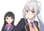  black_hair blazer blue_eyes braid cardigan french_braid hair_ornament hairclip higuchi_kaede jacket looking_at_another looking_away mole mole_under_eye multiple_girls nijisanji open_mouth ponytail purple_eyes school_uniform silver_hair tsukino_mito virtual_youtuber white_background yagara_(kishimen_f) 