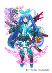 :d blue_bow blue_eyes blue_gloves blue_hair boots bow breasts dmm drill_bit full_body gloves hair_bow heterochromia holding holding_weapon long_hair mataichi_mataro official_art open_mouth oversized_object plier small_breasts smile solo standing twintails weapon white_background yuba_no_shirushi 