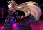  1girl armor armored_dress back bangs black_dress blonde_hair breasts commentary_request dress fate/grand_order fate_(series) faulds flag from_behind gauntlets hair_lift headpiece holding holding_flag holding_sword holding_weapon jeanne_d&#039;arc_(alter)_(fate) jeanne_d&#039;arc_(fate)_(all) jeanne_d'arc_(alter)_(fate) jeanne_d'arc_(fate)_(all) karlwolf large_breasts lens_flare long_hair looking_back polearm skirt standing sword very_long_hair weapon yellow_eyes 