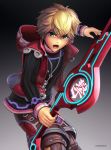  blonde_hair blue_eyes hybridmink looking_at_viewer monado open_mouth short_hair shulk simple_background solo super_smash_bros. super_smash_bros._ultimate sword weapon xenoblade_(series) xenoblade_1 