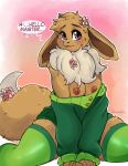  2018 anthro areola arnachy blush breasts clothed clothing dialogue digital_media_(artwork) eevee english_text female flower hi_res legwear looking_at_viewer neck_tuft nintendo nipples plant pok&eacute;mon pok&eacute;mon_(species) pok&eacute;morph purple_eyes solo sweater text thigh_highs tuft video_games 