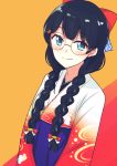 bangs bespectacled black_hair blue_eyes blush bow braid closed_mouth glasses gradient_clothes hair_bow hair_ornament hair_over_shoulder hairclip hakama_skirt japanese_clothes kimono long_hair long_sleeves looking_at_viewer nijisanji orange-framed_eyewear print_kimono red_background red_bow round_eyewear simple_background smile solo star star_hair_ornament tsukino_mito twin_braids two-tone_background upper_body virtual_youtuber wide_sleeves yagara_(kishimen_f) yellow_background 