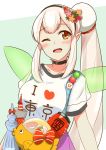  elf elu_(nijisanji) fairy_wings flower food hair_flower hair_ornament i_heart... lantern nijisanji one_eye_closed open_mouth orange_eyes pointy_ears side_ponytail smile sushi tokyo_tower translucent virtual_youtuber white_hair wings yagara_(kishimen_f) 