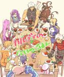  animal_ears archer artoria_pendragon_(all) barefoot beer beer_mug blonde_hair blue_hair bowl breasts broccoli brown_hair chopsticks cleavage closed_eyes commentary dark_skin dark_skinned_male drooling eating emiya-san_chi_no_kyou_no_gohan emiya_kiritsugu emiya_kiritsugu_(assassin) fang fate/grand_order fate/kaleid_liner_prisma_illya fate_(series) feast floating food hat homurahara_academy_uniform hood hoodie illyasviel_von_einzbern ishtar_(fate/grand_order) jaguarman_(fate/grand_order) lancer light_brown_hair matou_sakura matou_shinji midriff navel open_mouth parvati_(fate/grand_order) purple_hair rice rice_bowl rider saber school_uniform serving shirt shrimp steak table tableware toosaka_rin tray white_hair white_hat white_shirt 