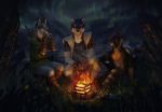  2018 anthro black_fur black_nose canine clothed clothing conditional_dnp detailed_background digital_media_(artwork) dog fire fox fur group latex_(artist) male mammal night open_mouth outside teeth tongue wolf 