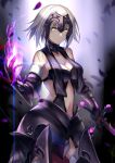  1girl armor armored_dress aura bangs bare_shoulders black_dress breasts cleavage commentary_request dress eyebrows_visible_through_hair falling_petals fate/grand_order fate_(series) faulds fur_trim gauntlets headpiece highres holding holding_sword holding_weapon jeanne_d&#039;arc_(alter)_(fate) jeanne_d&#039;arc_(fate)_(all) jeanne_d'arc_(alter)_(fate) jeanne_d'arc_(fate)_(all) karlwolf large_breasts looking_at_viewer magic navel navel_cutout short_hair silver_hair standing sword thighhighs weapon yellow_eyes 