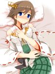  bare_shoulders bed bed_sheet blanket blue_eyes blush breasts brown_hair commentary_request detached_sleeves eyebrows_visible_through_hair green_skirt hair_between_eyes hairband hand_on_own_chest headgear hiei_(kantai_collection) japanese_clothes jewelry kanoe_soushi kantai_collection looking_at_viewer lying medium_breasts nontraditional_miko on_bed pillow plaid remodel_(kantai_collection) ribbon-trimmed_sleeves ribbon_trim ring short_hair skirt solo wedding_ring 