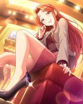  artist_request belt breasts brown_eyes eyebrows_visible_through_hair from_below grin hair_ornament high_heels idolmaster idolmaster_cinderella_girls indoors jacket jewelry legs lipstick long_hair looking_at_viewer looking_down makeup necklace official_art raised_eyebrows red_hair shoes sitting skirt smile solo zaizen_tokiko 