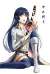  bangs belt black_belt blue_hair blue_legwear boots collared_shirt commentary_request cravat doughnut food gintama holding holding_sword holding_weapon imai_nobume k1217y katana knee_up long_hair long_sleeves looking_at_viewer looking_to_the_side open_mouth purple_eyes shirt simple_background sitting solo sword text_focus thighhighs translation_request weapon white_background white_footwear white_neckwear white_shirt wing_collar zettai_ryouiki 