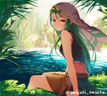  blurry blurry_background brown_skirt day grass green_hair head_scarf long_hair looking_at_viewer mataichi_mataro midriff original outdoors plant sitting skirt soaking_feet solo twitter_username water yellow_eyes 