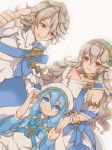  2girls age_regression aqua_(fire_emblem_if) child dress female_my_unit_(fire_emblem_if) fire_emblem fire_emblem_heroes fire_emblem_if grin headdress holding holding_hands long_hair looking_at_viewer male_my_unit_(fire_emblem_if) multiple_girls my_unit_(fire_emblem_if) pointy_ears red_eyes renkonmatsuri smile thumbs_up wavy_hair white_dress white_hair younger 