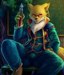  2018 anthro bulge canine cardfight_vanguard clothed clothing eyewear fox fur glasses looking_at_viewer male mammal nurinaki red_eyes sitting solo spread_legs spreading tester_fox vial yellow_fur 
