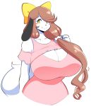  2018 anthro big_breasts blush breasts brown_hair canine cleavage cleavage_cutout clothed clothing cute_fangs dog fangs female fluffy fluffy_tail fur hair hair_bow hair_ribbon hi_res holly_applebee huge_breasts long_hair looking_at_viewer mammal ponytail ribbons shirt simple_background smile solo theycallhimcake white_background white_fur yellow_eyes 