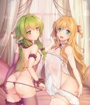  :&gt; arched_back arm_behind_back arm_garter ass bangs bare_shoulders bed blonde_hair blue_eyes blush bow breasts bridal_gauntlets commentary_request covered_nipples cowboy_shot curtains detached_collar dudou elf eyebrows_visible_through_hair from_side gloves goblin_slayer! green_eyes green_hair hair_bow half-closed_eyes hand_in_hair high_elf_archer_(goblin_slayer!) highres indoors leg_garter lingerie long_hair looking_at_viewer looking_back multiple_girls open_mouth panties panty_pull pointy_ears priestess_(goblin_slayer!) pulled_by_self purple_bow purple_gloves purple_legwear revision rhineheim see-through shiny shiny_skin side_ponytail single_glove single_thighhigh small_breasts smile standing string_panties thighhighs thong underwear white_legwear window wrist_cuffs 