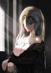  absurdres bare_shoulders blindfold blonde_hair breasts cloak closed_mouth collarbone commentary_request covered_eyes dark_souls dark_souls_iii day fire_keeper highres ihobus indoors jewelry large_breasts light_rays long_hair mask necklace off_shoulder smile solo souls_(from_software) upper_body 