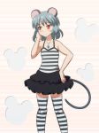  alternate_costume animal_ears bare_arms bare_shoulders black_skirt camisole cato_(monocatienus) check_commentary commentary_request eyebrows_visible_through_hair grey_hair jewelry looking_away mouse_ears mouse_tail nazrin necklace pendant pink_background red_eyes short_hair skirt standing striped striped_background striped_camisole striped_legwear tail thighhighs touhou wavy_mouth zettai_ryouiki 
