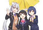  black_hair blazer blue_eyes blue_hair cardigan higuchi_kaede holding holding_umbrella jacket long_hair multiple_girls nijisanji ponytail purple_eyes school_uniform shizuka_rin short_hair silver_hair smile thumbs_up tsukino_mito umbrella virtual_youtuber white_background yagara_(kishimen_f) yellow_eyes 