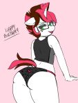  anthro anthrofied bedroom_eyes butt butt_focus clothed clothing crop_top english_text equine eyewear fan_character female glasses green_eyes hair half-closed_eyes happy_birthday hi_res horn leaning leaning_forward looking_back mammal my_little_pony open_mouth panties pince-nez pink_background portrait rainbowsprinklesart rear_view red_hair red_tail seductive shirt simple_background skuttz_(oc) solo square_glasses text three-quarter_portrait underwear unicorn white_skin 