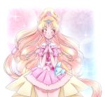  blonde_hair commentary cure_tomorrow earrings fingerless_gloves gloves hug-tan_(precure) hugtto!_precure jewelry long_hair older pink_eyes precure ribbon scrunchie shunciwi solo tiara 