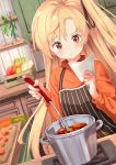  ame. apron azur_lane bangs black_apron black_ribbon blonde_hair blush carrot cleveland_(azur_lane) closed_mouth commentary cooking cutting_board eyebrows_visible_through_hair fingernails food hair_between_eyes hair_ribbon highres holding index_finger_raised ladle long_hair long_sleeves one_side_up orange_shirt pot red_eyes ribbon shirt solo stove striped vertical-striped_apron vertical_stripes very_long_hair 