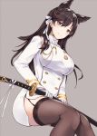 animal_ears atago_(azur_lane) azur_lane bangs black_hair black_legwear blush breasts brown_eyes closed_mouth commentary_request double-breasted enchuu garter_straps gloves grey_background hair_between_eyes hair_ribbon highres holding holding_sword holding_weapon katana large_breasts long_hair long_sleeves looking_at_viewer military military_uniform miniskirt mole mole_under_eye pencil_skirt ribbon sheath sheathed shirt side_slit simple_background sitting skirt smile solo sword thighhighs turtleneck uniform weapon white_gloves white_ribbon white_shirt white_skirt 