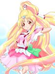  blonde_hair boots choker commentary_request cure_tomorrow earrings florence_temporary gloves highres hug-tan_(precure) hugtto!_precure jewelry long_hair long_ponytail magical_girl older precure red_eyes ribbon scrunchie solo tiara 