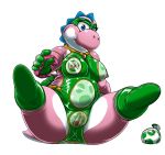  2018 areola blue_eyes breasts clothed clothing condom eggmaker female filled_condom kitsune_youkai looking_at_viewer mario_bros multicolored_skin nintendo nipples pink_skin pink_yoshi pussy rubber simple_background solo twilight_stormshi_(character) two_tone_skin video_games white_background white_skin yoshi 