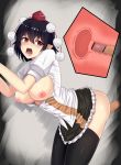  absurdres bangs bent_over black_hair black_skirt blush breasts breasts_outside censored chinese_commentary commentary_request cowboy_shot crying crying_with_eyes_open eyebrows_visible_through_hair grey_background hair_between_eyes hands_up hat head_tilt highres large_breasts looking_at_viewer miniskirt mosaic_censoring nipples open_mouth penis petticoat pink_eyes pointy_ears pom_pom_(clothes) puffy_short_sleeves puffy_sleeves revision sex shameimaru_aya shiny shiny_skin shirt short_hair short_sleeves skirt solo_focus standing tassel tears thighhighs thighs tokin_hat touhou white_shirt wuwusan 