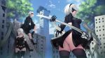  2girls another_story ass black_blindfold black_dress black_hairband black_legwear blindfold boots breasts building commentary_request dress feather-trimmed_sleeves hairband highres leotard_under_clothes looking_back mole mole_under_mouth multiple_girls nier_(series) nier_automata parted_lips ruins side_slit sword thighhighs tree weapon yorha_no._2_type_b yorha_no._9_type_s yorha_type_a_no._2 