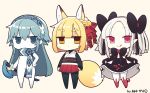  :&lt; :q animal_ears bangs bell black black_bow black_legwear blonde_hair blue_eyes blue_hair blush bow bridal_gauntlets brown_background brown_eyes chibi closed_mouth commentary_request eyebrows_visible_through_hair flower fox_ears fox_girl fox_tail hair_bell hair_between_eyes hair_bow hair_ornament hairband holding holding_sheath japanese_clothes jingle_bell katana kimono long_hair looking_at_viewer multiple_girls obi original pantyhose parted_bangs petals pleated_skirt red_bow red_eyes red_flower red_rose red_skirt rose sash shaded_face sheath sheathed short_eyebrows short_kimono silver_hair simple_background skirt skirt_basket skirt_hold sleeveless sleeveless_kimono smile standing sweat sword tail thick_eyebrows tongue tongue_out very_long_hair weapon white_kimono yuzuki_gao 