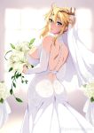  ahoge artoria_pendragon_(all) artoria_pendragon_(lancer) ass backless_dress backless_outfit bangs blonde_hair blue_eyes blurry bouquet breasts bridal_veil crown depth_of_field dress eyebrows_visible_through_hair fate/grand_order fate_(series) flower from_behind hair_between_eyes highres large_breasts looking_at_viewer looking_back rose short_hair sidelocks solo standing twitter_username veil wedding_dress white_dress white_flower white_rose zeroshiki_kouichi 