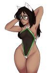  animal_humanoid areola areola_slip black_hair breasts brown_nipples camel_toe canine canine_humanoid clothed clothing dark_skin dog_humanoid eyewear female front_view glasses green_eyes hair hands_behind_head hi_res homestuck humanoid jade_harley looking_away mammal ms_paint_adventures navel nipples pinup portrait pose rainbowsprinklesart sheer_clothing simple_background skimpy solo standing swimsuit three-quarter_portrait translucent transparent_clothing white_background 