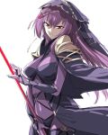  bare_shoulders bodysuit breasts fate/grand_order fate_(series) holding holding_weapon ikuhana_niiro long_hair looking_at_viewer medium_breasts pauldrons polearm purple_hair red_eyes scathach_(fate)_(all) scathach_(fate/grand_order) simple_background solo spear standing veil very_long_hair weapon white_background 